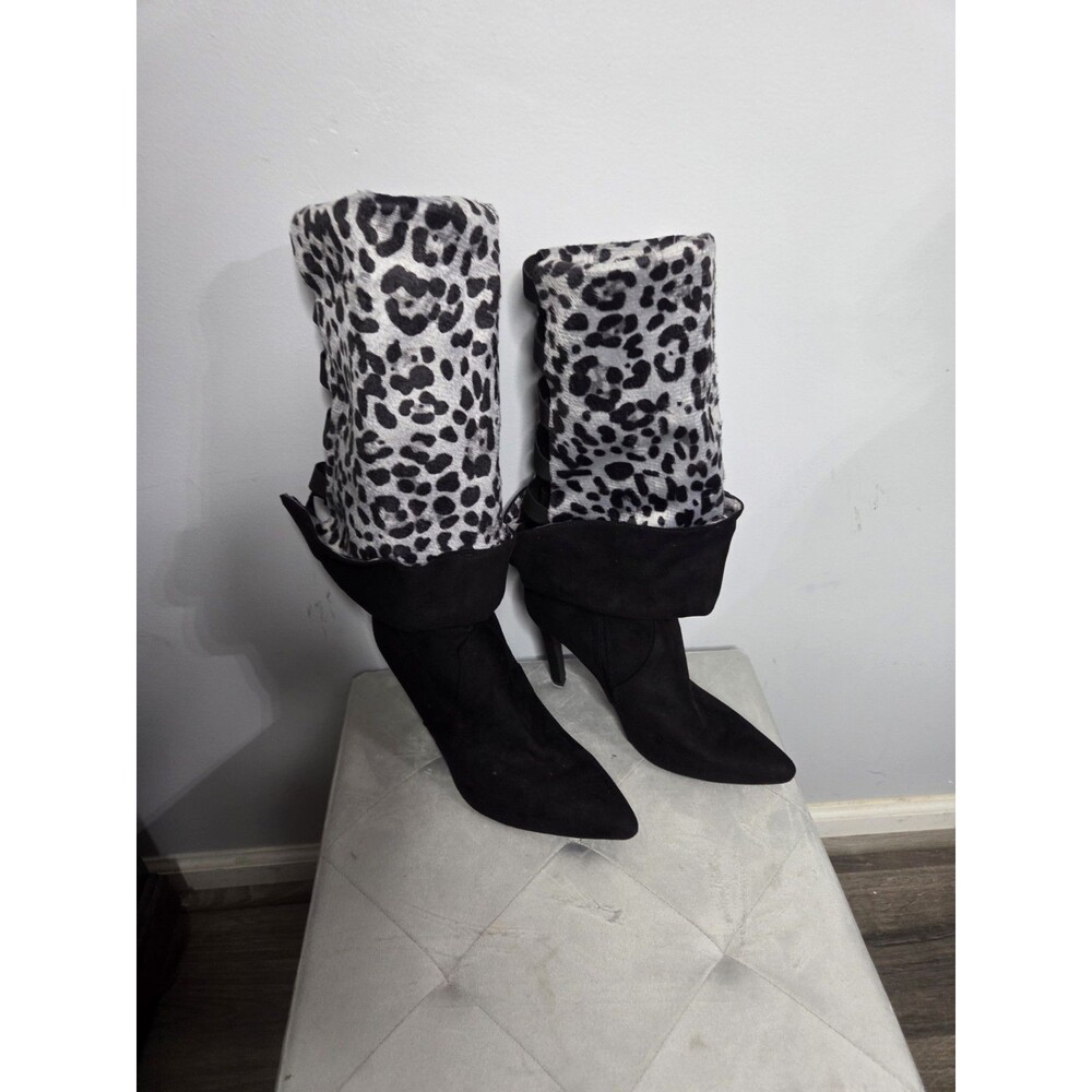 Vaneli Leopard Calf Hair and Suede Stiletto Foldable Top Knee-High or Tall, 10.5